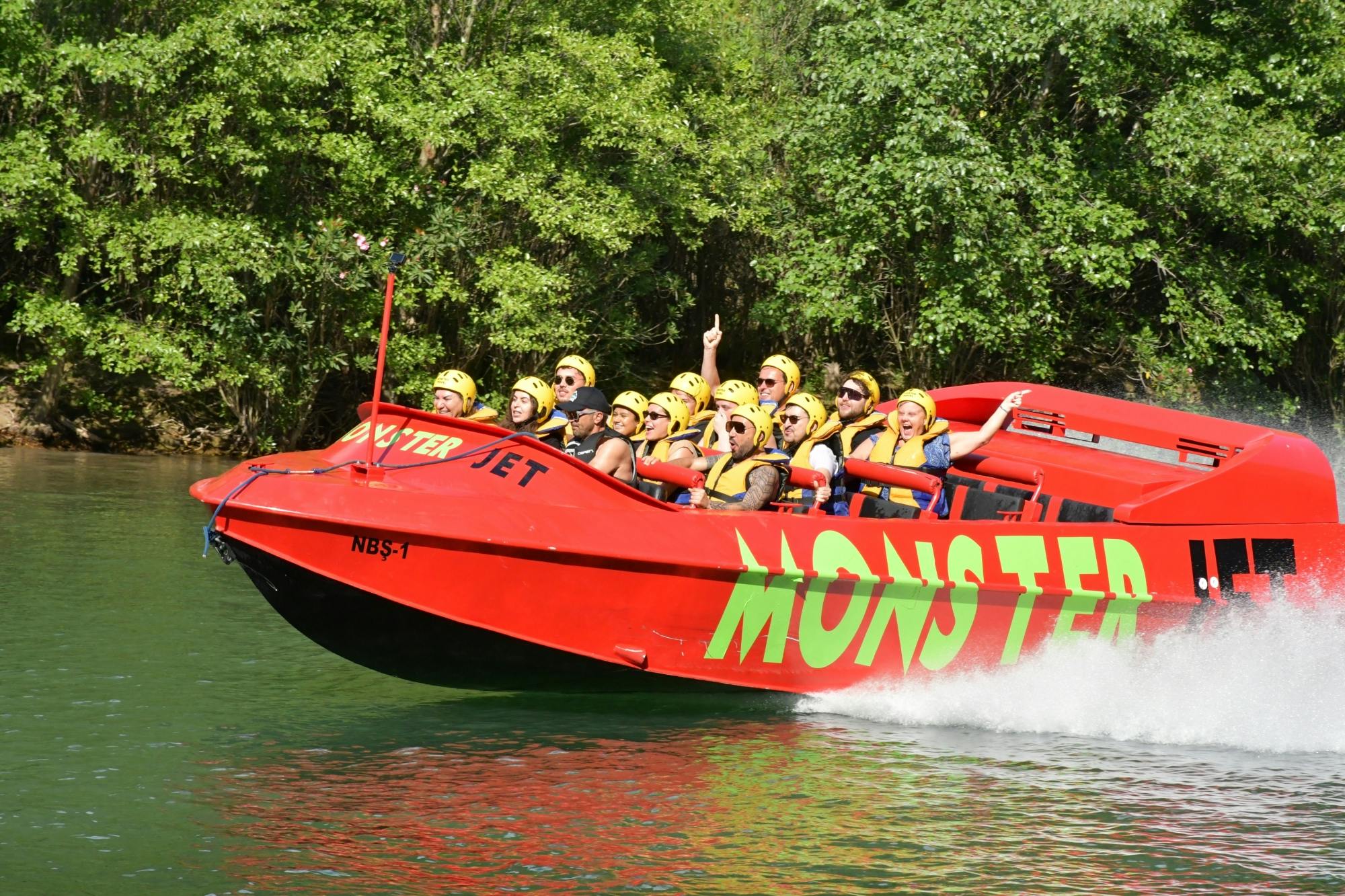 Monster buggy and truck, jet boat and zip-line tour with boat cruise and lunch