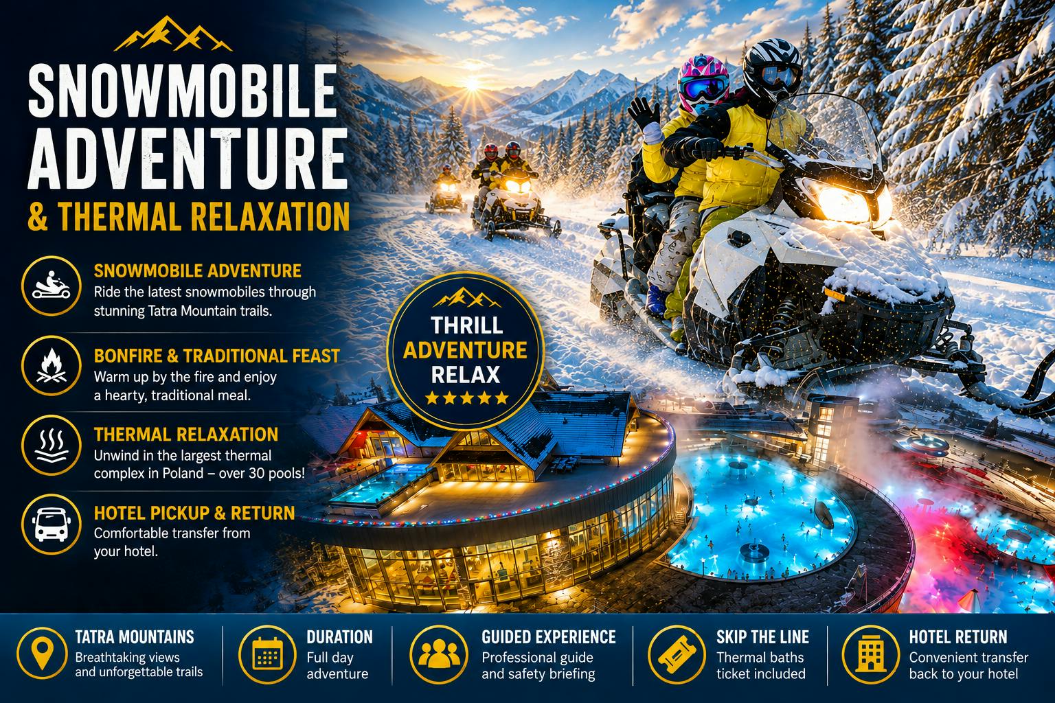 Gita di un giorno in motoslitta o quad con visita alle piscine termali da Zakopane