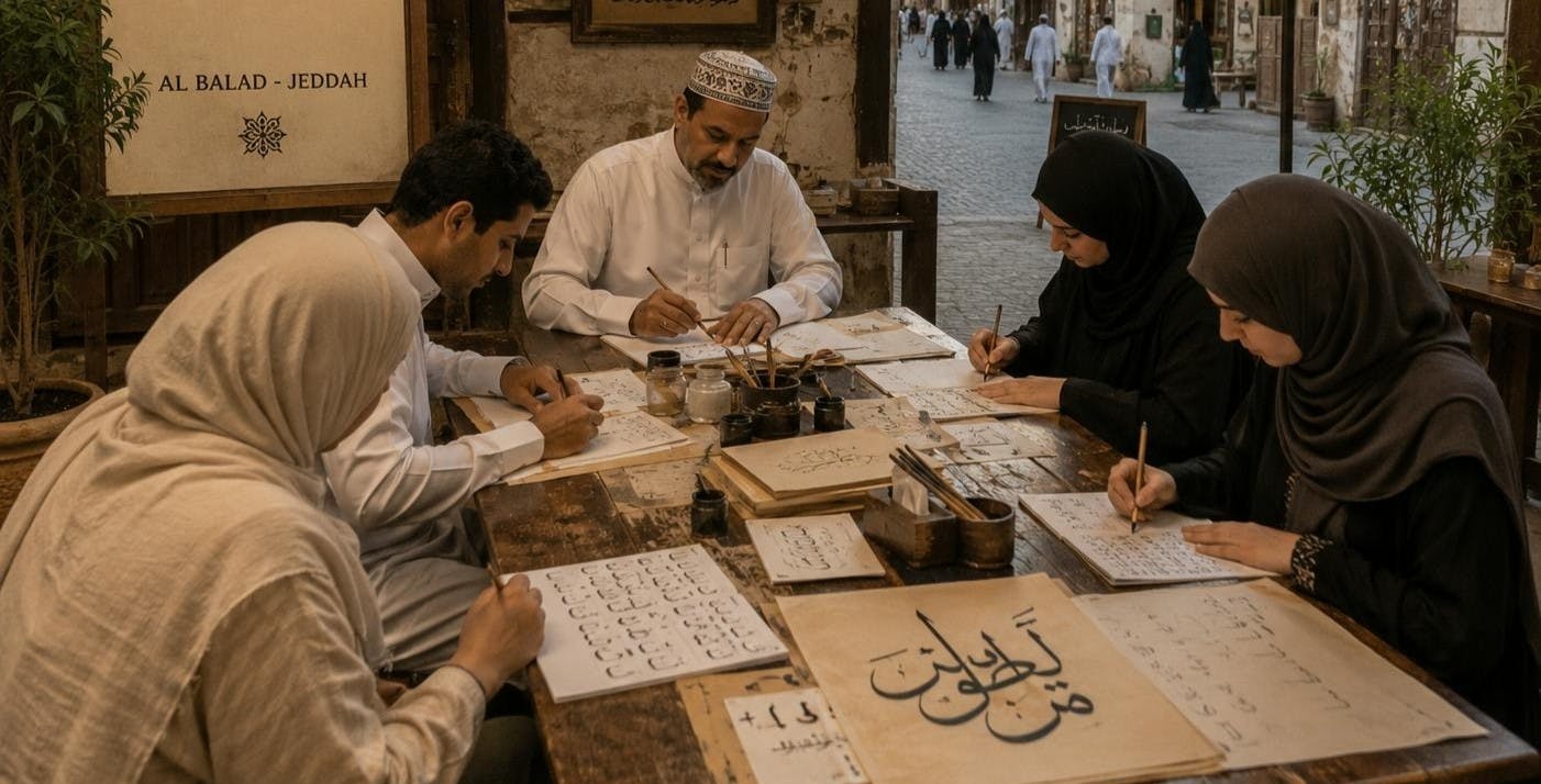 Workshop Arabische kalligrafie in Jeddah, gecombineerd met een wandeltocht door Al-Balad