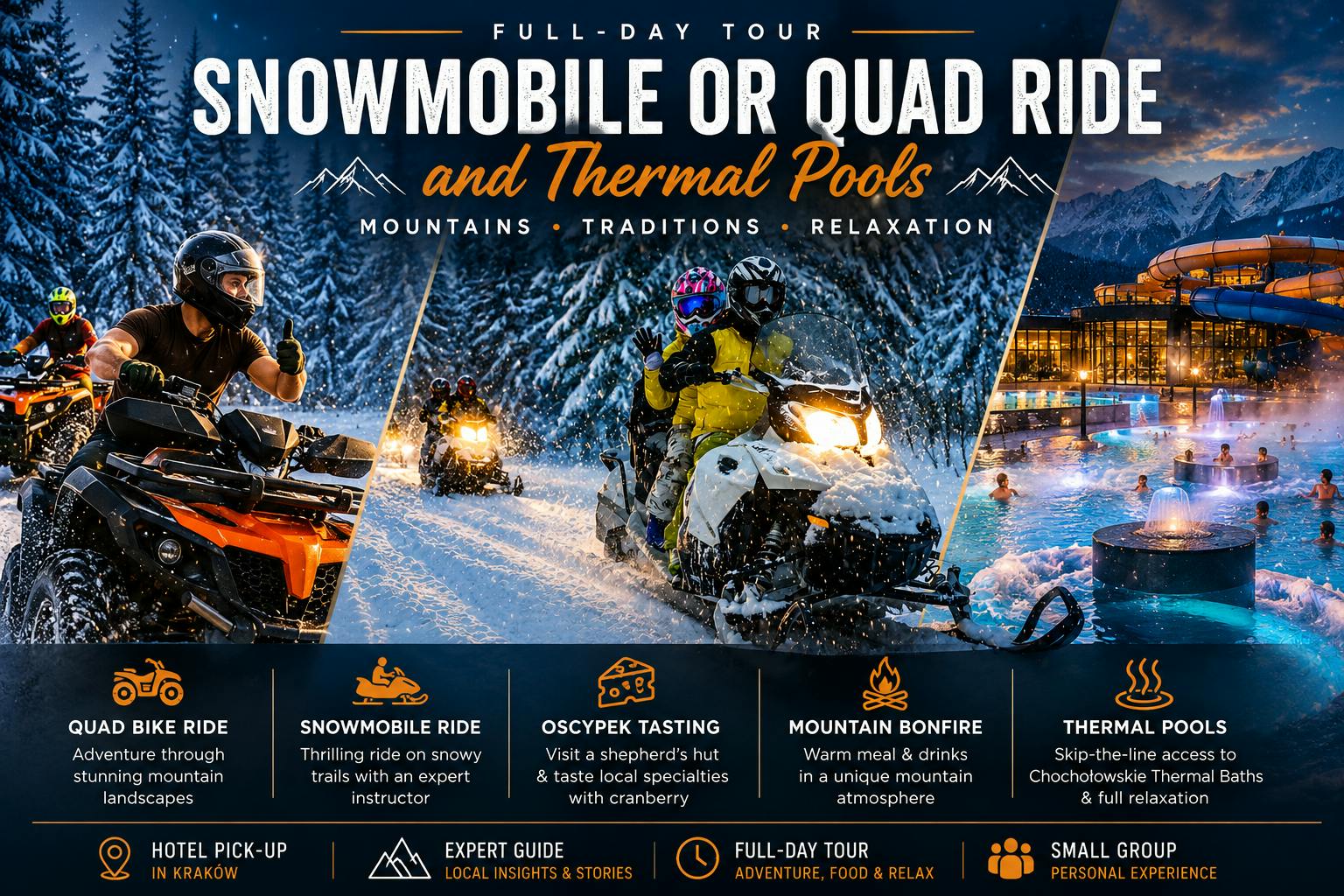Snowmobile or quad ride and thermal pools day trip from Kraków