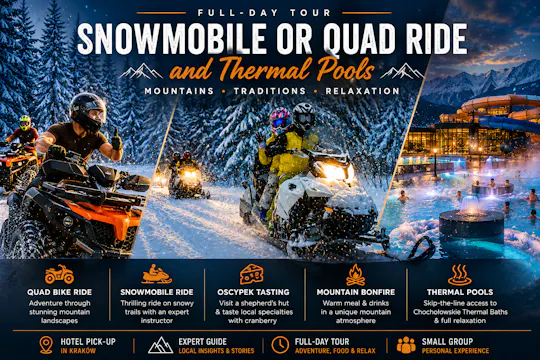 Dagtocht vanaf Krakau met sneeuwscooter- of quadrit en een bezoek aan thermale baden