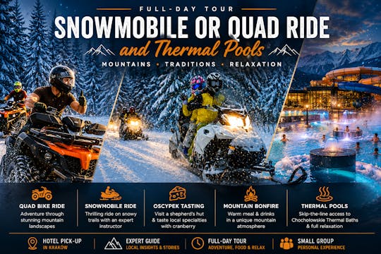 Snowmobile or quad ride and thermal pools day trip from Kraków