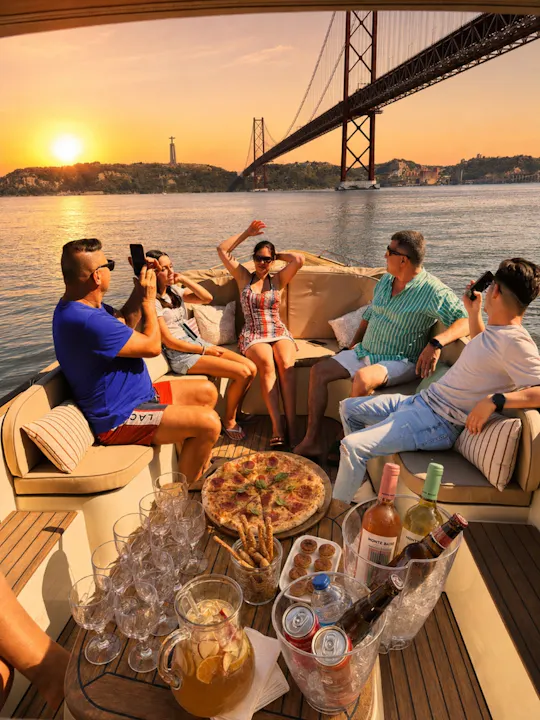 Bootsfahrt auf dem Tejo bei Sonnenuntergang mit offener Bar und Snacks