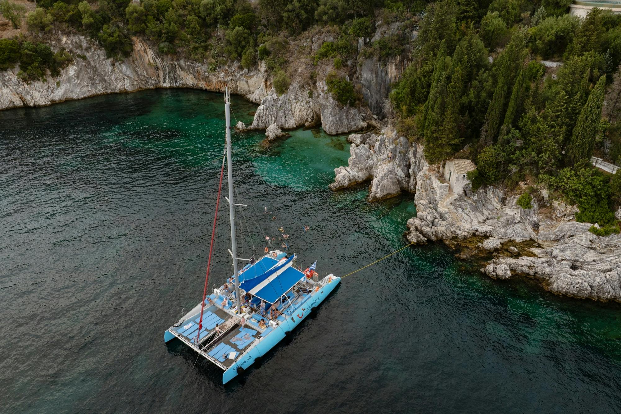 Corfu east coast catamaran cruise with drinks, meal and optional transfers