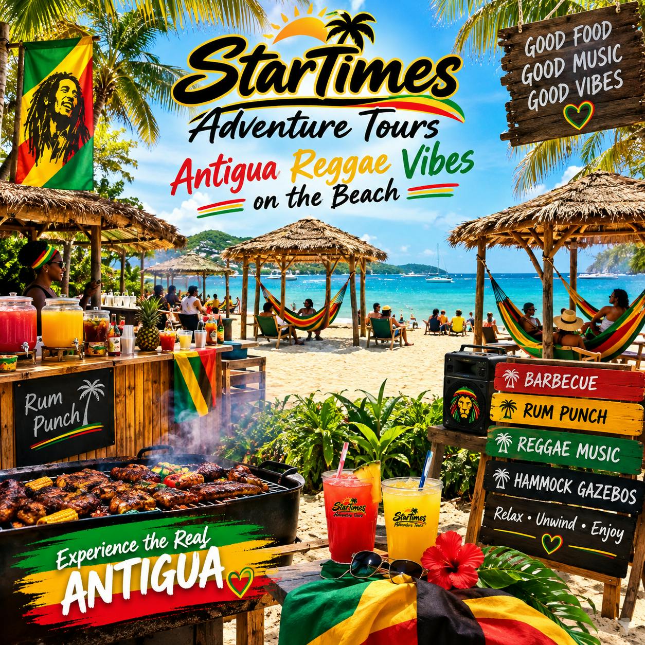 Reggae-Stimmung am Strand mit Barbecue, Rum-Punsch und Hängematten auf Antigua