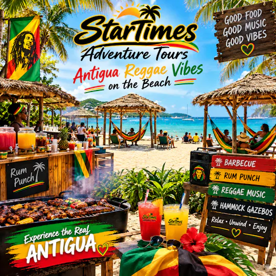 Ambiente reggae na praia com churrasco, ponche de rum e redes em Antígua