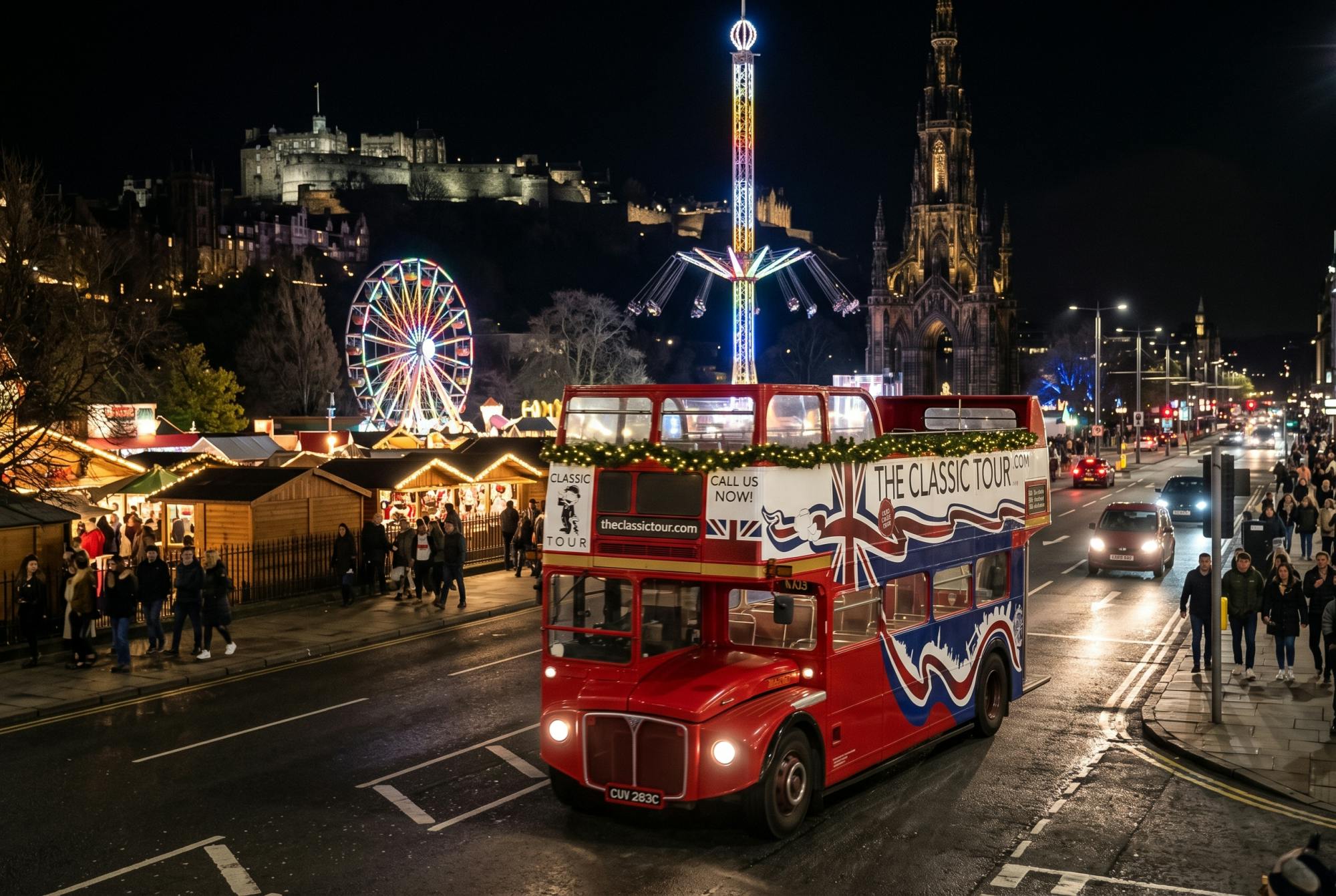 Weihnachtsbeleuchtungstour in einem Oldtimerbus in Edinburgh