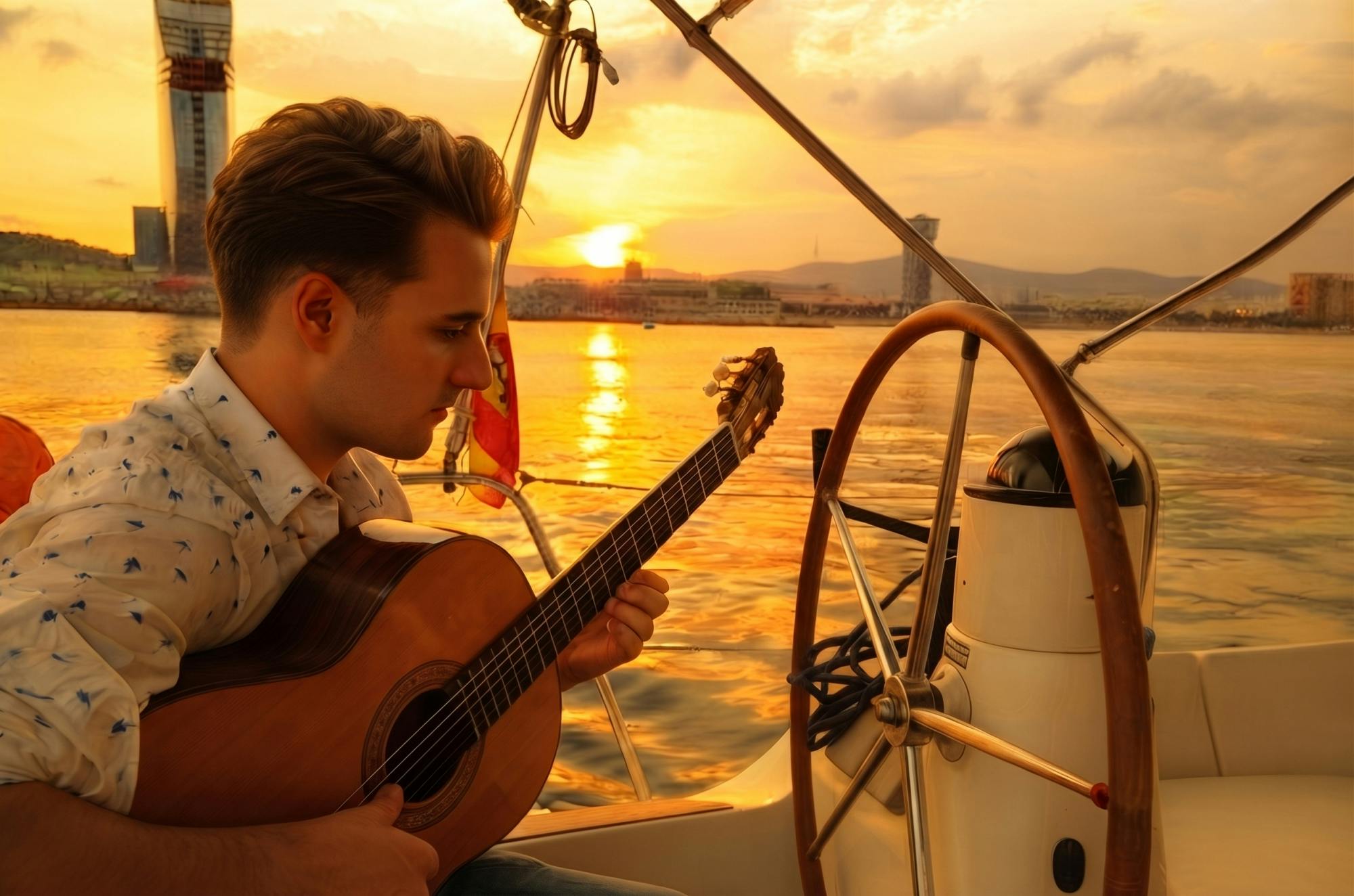 Esperienza in barca a vela al tramonto a Barcellona con accompagnamento di chitarra spagnola dal vivo