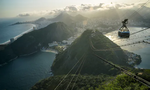 Sunset view of Sugarloaf Pao de Acucar Mountain Rio de Janeiro Brazil cable car city skyline.jpg